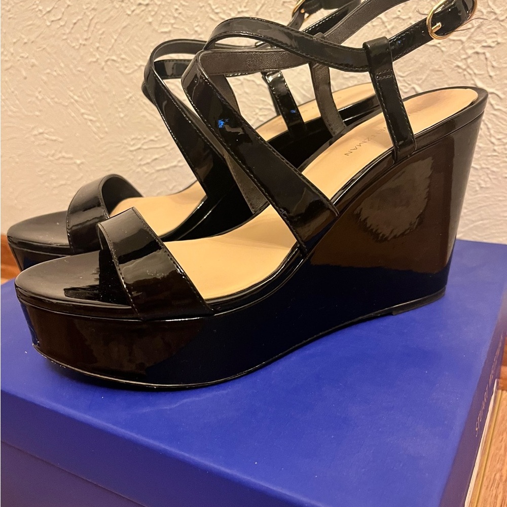 Stuart Weitzman Black Wedge Sandals with Ankle Strap